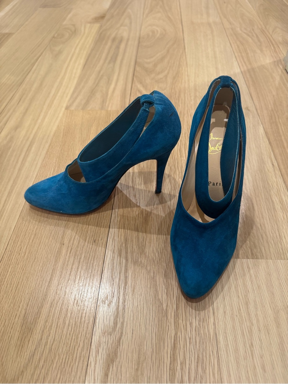 Christian Louboutin Teal Suede Cutout Pointed Pumps